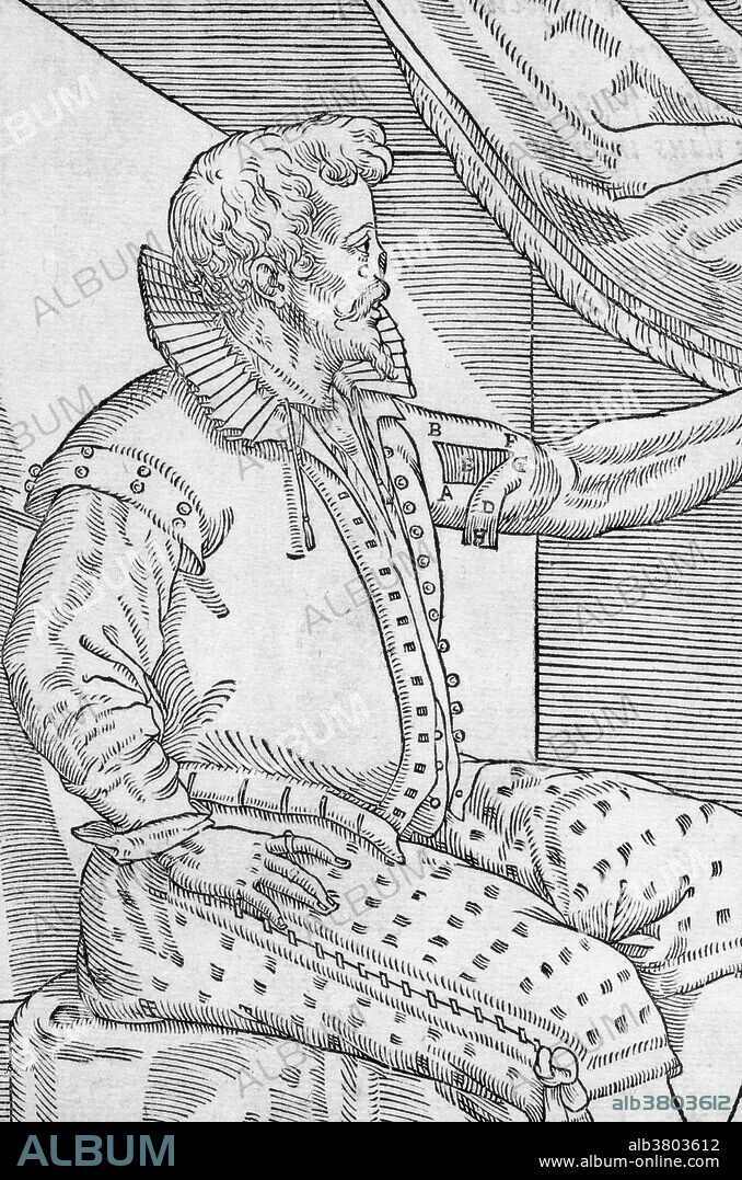 One of Gaspare Tagliacozzi's methods for replacing a missing nose.  Here we see the incised skin flap cut away from the upper arm.  It will be sutured to the skin surrounding the missing nose.  Gaspare Tagliacozzi (1547-1599) was an Italian plastic surgeon.  Although reconstructive surgery had been practiced for years, with documented procedures in ancient India, Tagliacozzi popularized the field of plastic surgery, and particularly rhinoplasty, in the 16th century.His book on plastic surgery, in which this illustration appears, is called De Curtorum Chirurgia Per Institionem (1597).  Image 3 of 6.  Full series: BU3958, BU3959, BU3960, BU3961, BU3962, BU3963.