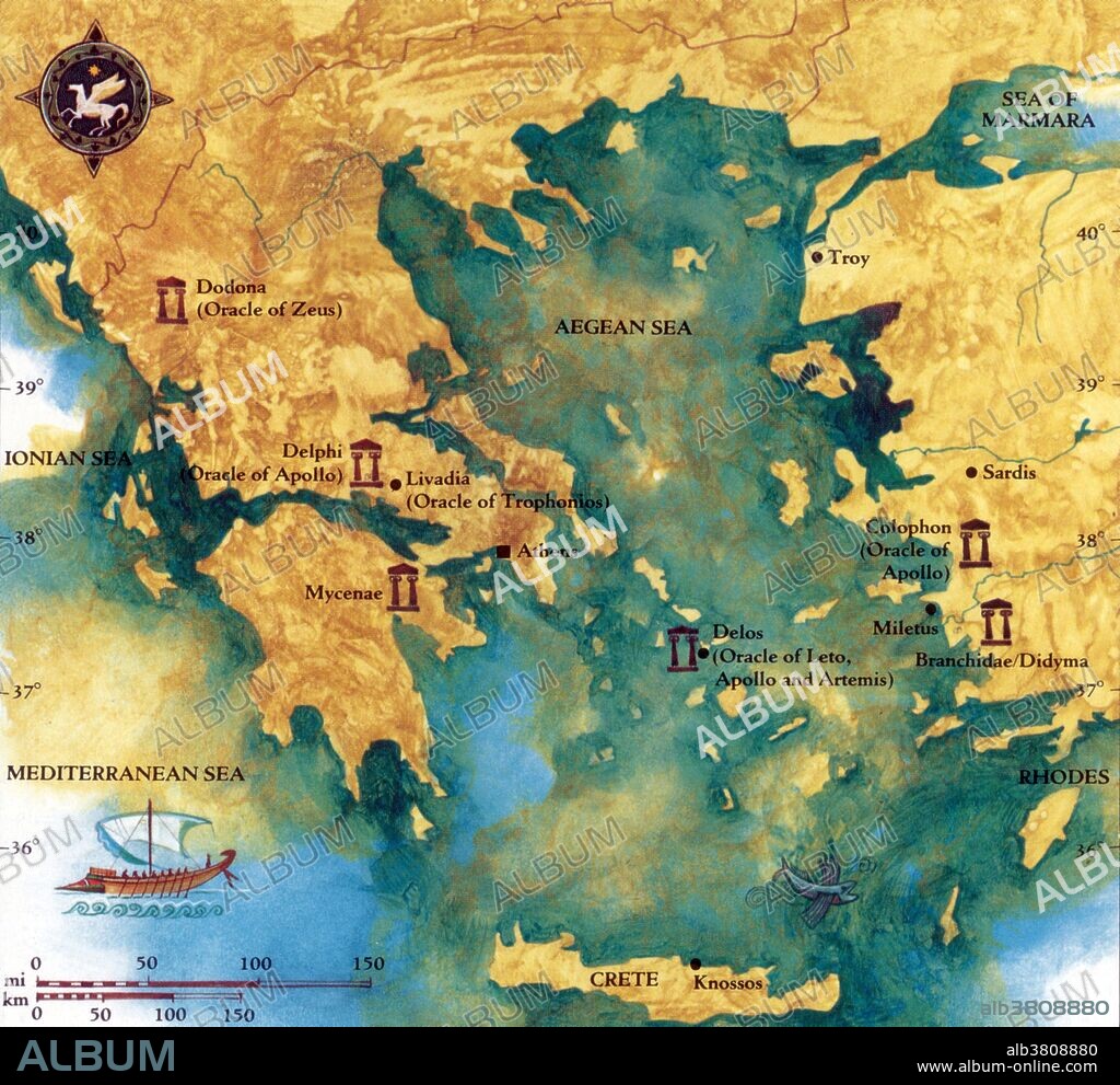 The main oracle centers of the Greeks were established at particular geodetic locations, marking latitude lines. Dodona, Delphi, and Delos are one degree apart (39Â° 30', 38Â° 30', 37Â° 30') in succession. In classical antiquity, an oracle was a person or agency considered to provide wise and insightful counsel or prophetic predictions or precognition of the future, inspired by the gods. As such it is a form of divination. The most important oracles of Greek antiquity were Pythia, priestess to Apollo at Delphi, and the oracle of Dione and Zeus at Dodona in Epirus. Other temples of Apollo were located at Didyma on the coast of Asia Minor, at Corinth and Bassae in the Peloponnese, and at the islands of Delos and Aegina in the Aegean Sea. The Sibylline Oracles are a collection of oracular utterances written in Greek hexameters ascribed to the Sibyls, prophetesses who uttered divine revelations in frenzied states.