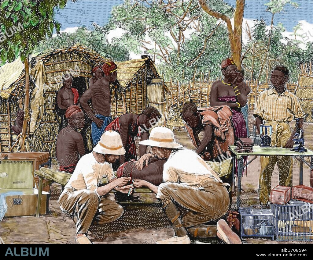HISTORIA DE AFRICA. Médicos de una expedición de exploradores europeos, examinando la sangre de un individuo nativo atacado de la enfermedad del sueño. Grabado por Thiriat. Año 1903. Coloreado.