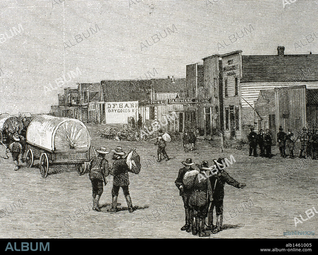HISTORIA DE LOS ESTADOS UNIDOS. SIGLO XIX. LA CALLE PRINCIPAL DEL PUEBLO DE PURCELL, EN EL ESTADO DE OKLAHOMA, JUSTO DESPUES DE 1889, TRAS LA "LAND RUSH". Grabado que fue publicado en el periódico "Frank Leslie's" en el año 1889.