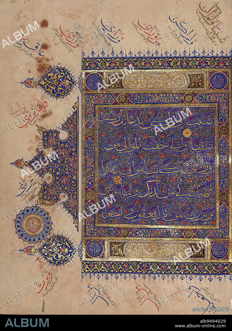 Illuminated Manuscript, Koran, Incipit, This large-format, illuminated Timurid copy of the Quran is believed to have been produced in Northern India in the ninth century AH / fifteenth CE. The manuscript opens with a series of illuminated frontispieces. The main text is written in a large vocalized polychrome muaqqaq script. Marginal explanations of the readings of particular words and phrases are in thuluth and naskh scripts, and there is interlinear Persian translation in red naskh script. The fore-edge flap of the gold-tooled, brown leather binding is inscribed with verses 77 through 80 from Chapter 56 (Srat al-wqiah).