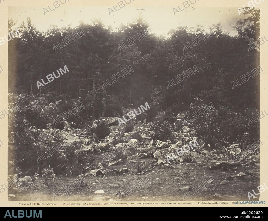 Slaughter Pen, Foot of Round Top, Gettysburg. Timothy O'Sullivan; American, born Ireland, 1840-1882. Date: 1863. Dimensions: 17.7 x 22.9 cm (image/paper); 31.1 x 44.7 cm (album page). Albumen print, pl. 44 from the album "Gardner's Photographic Sketch Book of the War, vol. 1" (1866). Origin: United States.