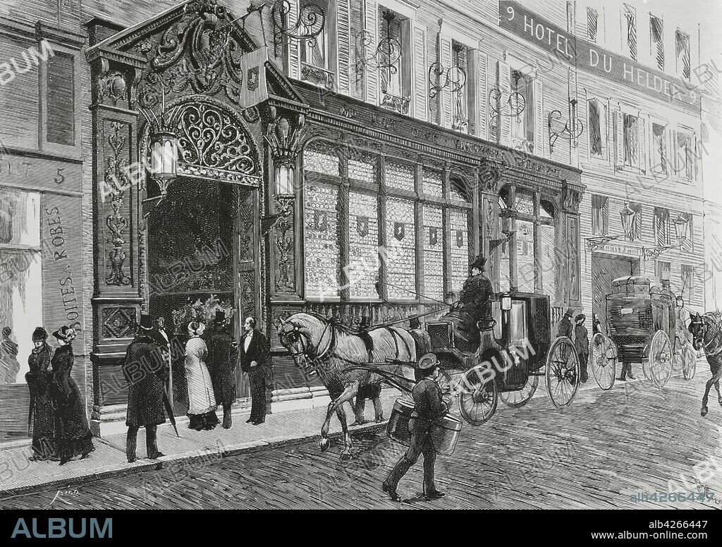 Francia. París. Las tabernas de la ciudad. La más elegante: "Le Lyon d'Or" (Rue du Helder). Dibujo del natural por Pellicer, Grabado por Rico. La Ilustración Española y Americana,22 de enero de 1881.