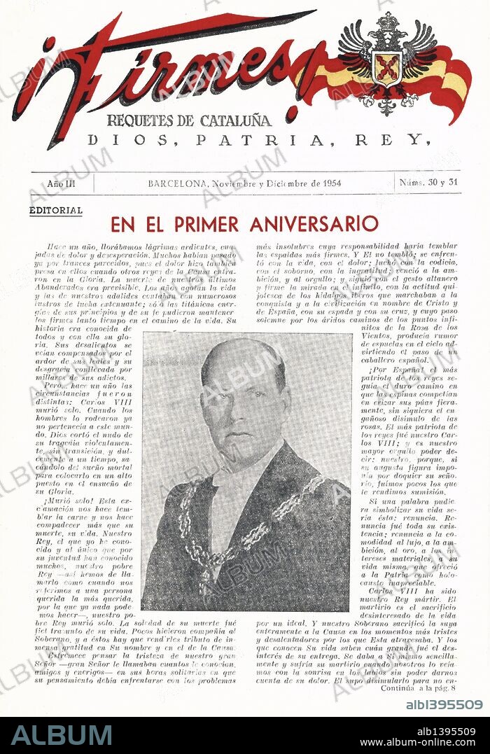 Publicación carlista "Firmes" de los requetés de Catalunya conmemorando el aniversario de la muerte del pretendiente carlista Carlos VIII. Barcelona, 1954.
