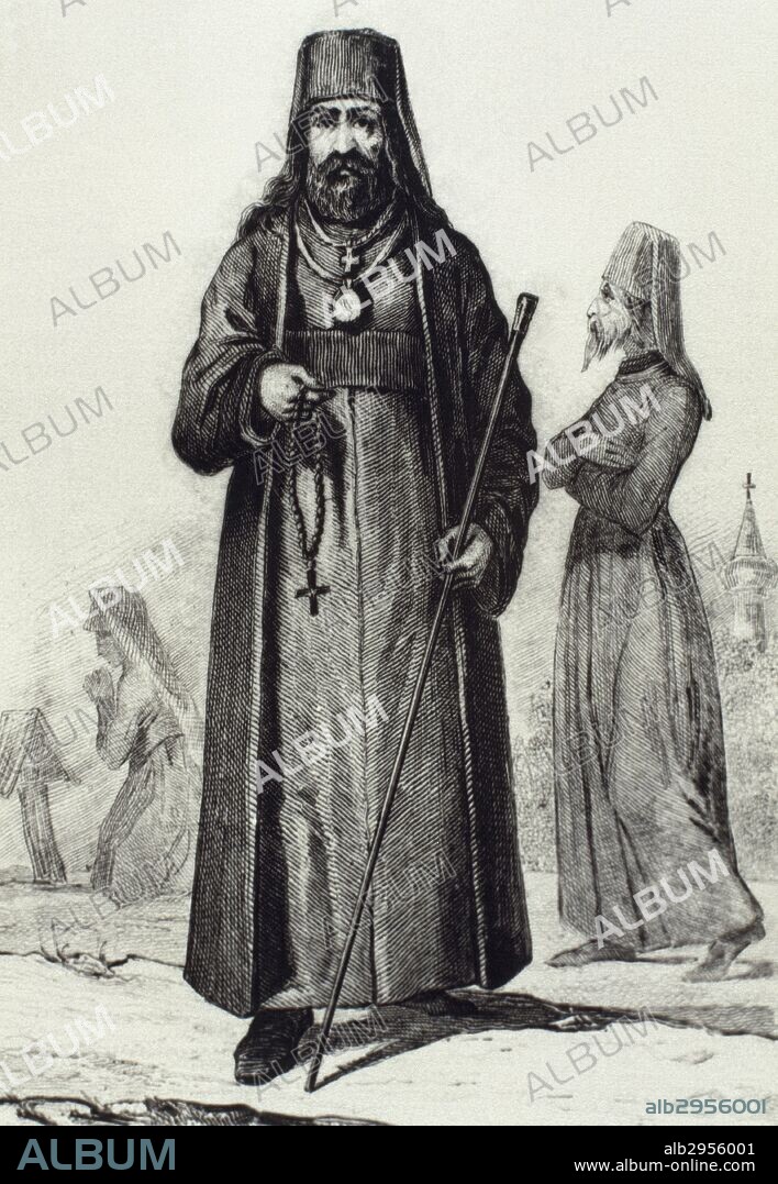 HISTORIA DE LA IGLESIA ORTODOXA. ARCHIMANDRITA RUSO. Dignidad eclesiástica del estado regular, de rango inferior al de obispo. RUSIA. Grabado del siglo XVIII.