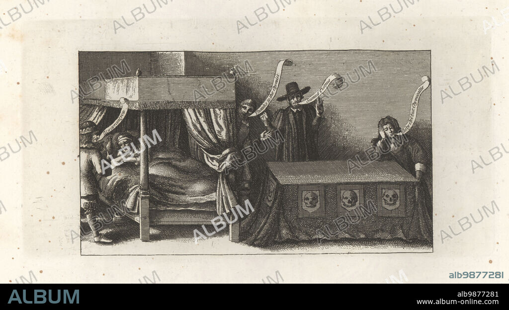 Suspicious death of King James I of England, James VI of Scotland, 1625. Died of bloody flux or dysentery, but rumored to be poison. An old man in a four-poster bed, reaching for a flask offered by a physician saying I'll warrant you. Other speech banners read Thanks to the chymist. Sumus fumus. A courtier sits at a table decorated with skulls saying Not by art but chymicallie. Copperplate engraving after Wenceslaus Hollar from Samuel Woodburns Gallery of Rare Portraits Consisting of Original Plates, George Jones, 102 St Martins Lane, London, 1816.