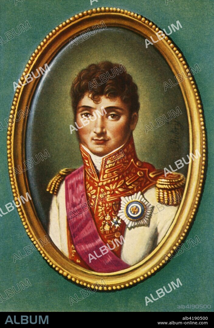 'Jerome Bonaparte', (1933). Portrait of Jerome Bonaparte (1784-1860), brother of Napoleon. Jerome was King of Westphalia from 1807-1813. He served in Napoleon's Russian campaign and at the Battle of Waterloo. After the fall of his brother he lived in Florence, but returned as a Marshal of France and President of the Senate under the rule of his nephew, Napoleon III. After a miniature of 1810 by Louis-François Aubry. From "Gestalten Der Weltgeschichte", a book of cigarette-card portrait miniatures of figures in world history from the last four hundred years. [Germany, 1933].