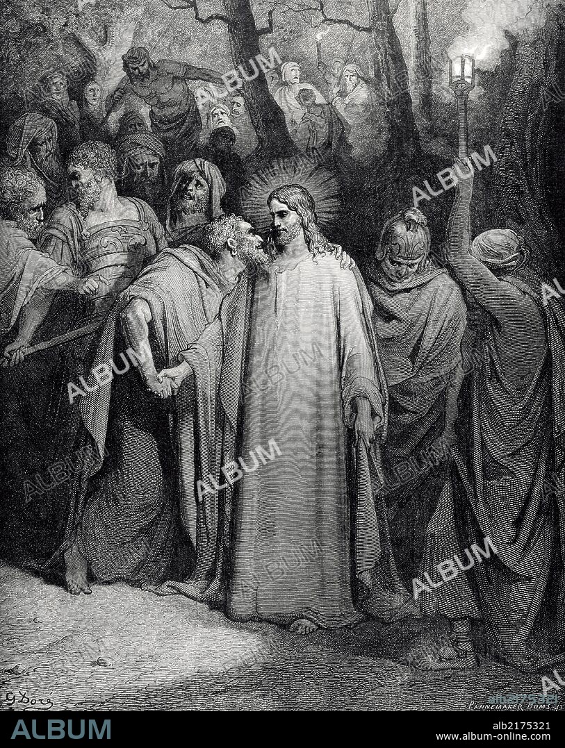 Judas Iscariot. One of the Twelve Apostles of Jesus Christ."The Judas Kiss Jesus in order to betray him to the guards. The Holy Bible. Engraving by Gustave Dore. 1866.