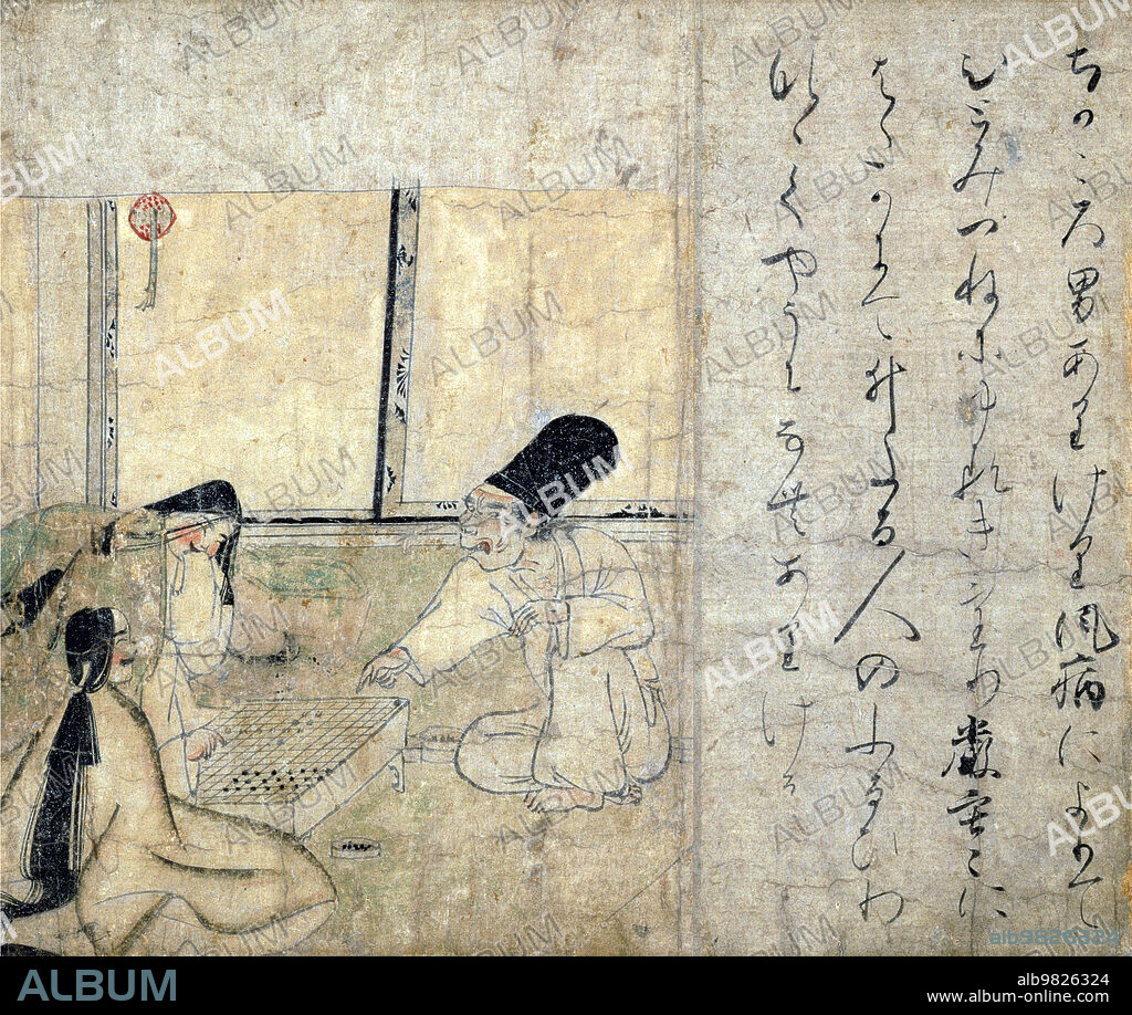 Japan: A man suffering from uvula disease (infection of the soft palate) playing a game of Go with a woman as another woman watches. Handscroll painting from the Yamai no Soshi (Yamai Zoshi) or 'diseases scroll', mid-12th century CE.<br/><br/>. The Shihon choshoku yamai no soshi ('Diseases and Deformities', Á¥ôÊúËëóËâÁóÖËçâÁ¥ô) is a late Heian (12th century) hand scroll (emakimono) consisting of colour paintings on paper that has, at some time, been cut into ten separate sections. They are preserved in the Kyoto National Museum and are listed as a National Treasure of Japan.
