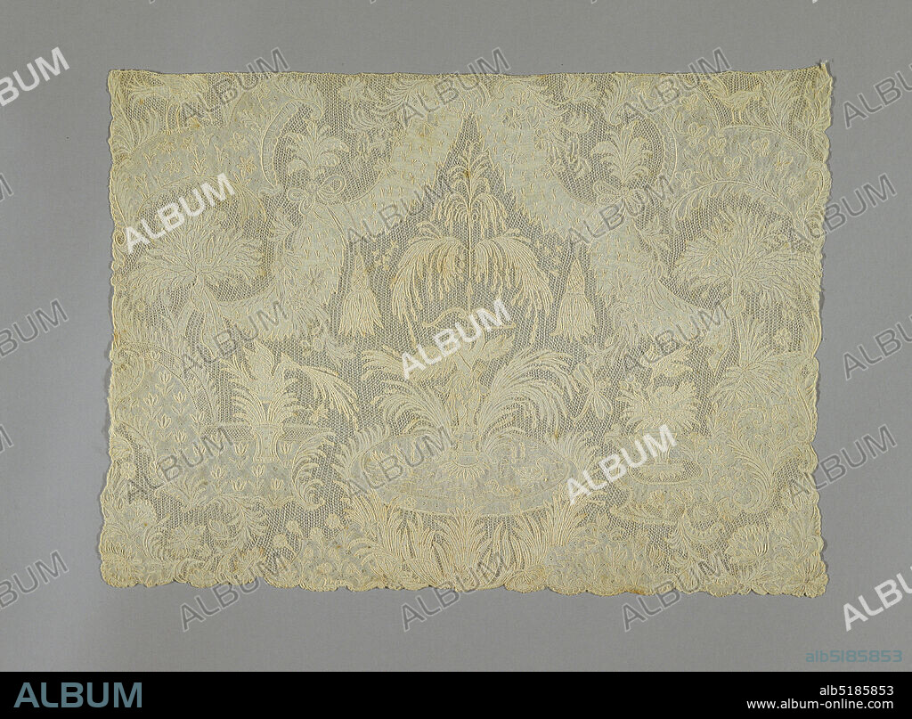 Cravat end, Medium: linen Technique: bobbin lace, Brussels style, Fine lace cravat end depicting Cupid with a bow and arrow standing in a fountain in which swans are swimming; surrounded by an elaborate framing of swags and tassels, exotic foliage and birds., Belgium, mid-18th century, lace, Cravat end.