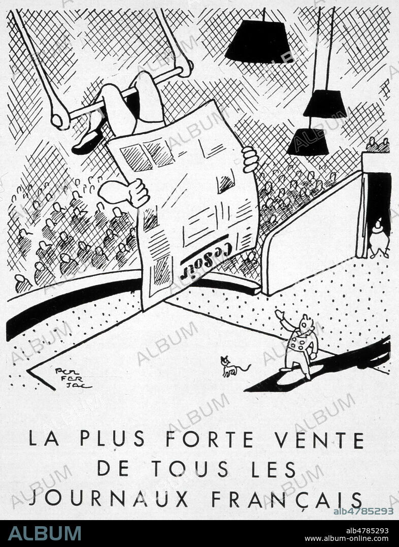 Femme sur un trapeze lisant le journal. 'La plus forte vente de tous les journaux francais'. Publicite de 1945 pour le journal Ce Soir. Credit : Collection KHARBINE-TAPABOR.