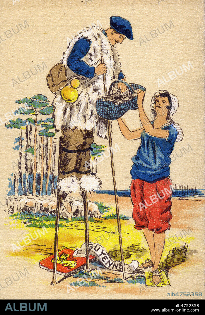 'Guyenne' : une femme tend un panier de champignons a un berger landais sur des echasses. Illustration anonyme pour une carte publicitaire vers 1920. Credit : Collection IM/KHARBINE-TAPABOR.