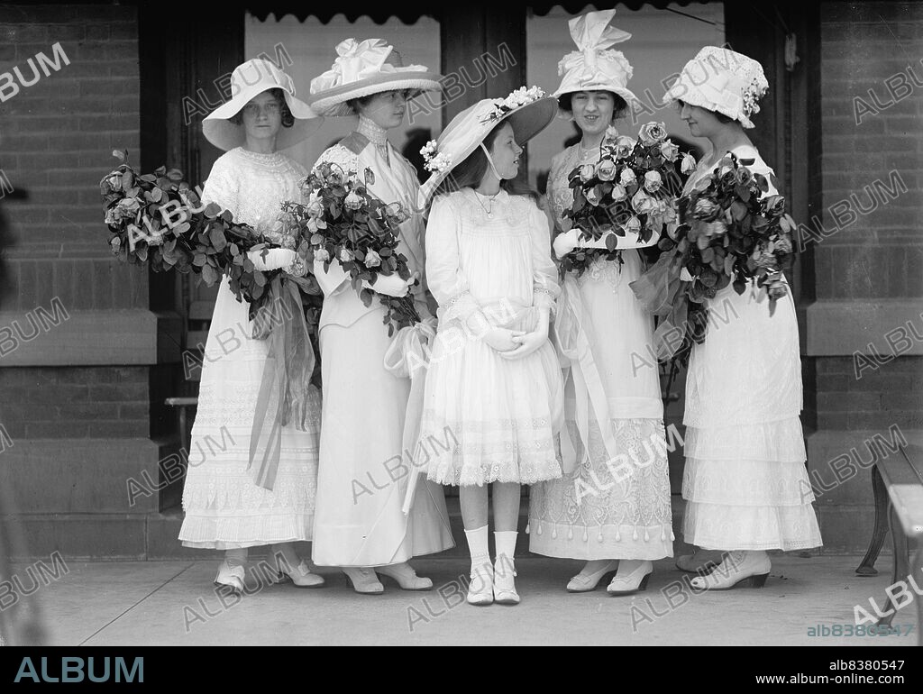 HARRIS & EWING. Claudia Lyon, Miss Garland Bonner, May Colquitt, Miss Ura Link, and Miss Mae Furey At Launching of U.S.S. Texas, May 18, 1912. [Claudia Lyon was the daughter of Colonel Cecil Lyon, Republican national committeeman from Texas].