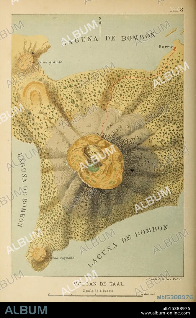 Bosquejo geográfico e histórico-natural del archipiélago Filipino por Don Ramón Jordana y Morera Madrid, Impr. de Moreno y Rojas, 1885 Philippines, natural history, description and travel, A beautifully illustrated map depicting the region of Laguna de Bombon, centered around the Taal Volcano. The map highlights key geographical features, with two distinct lagoons labeled as 'Laguna de Bombon' and 'Laguna grande,' as well as 'Barrio' indicating nearby settlements. The topography of the volcano is intricately detailed, showcasing the crater and surrounding terrain with a blend of colors that enhance the landscape's features. The legend at the bottom indicates the scale of 1:45,000, providing context for the viewer's understanding of the area's proportions.