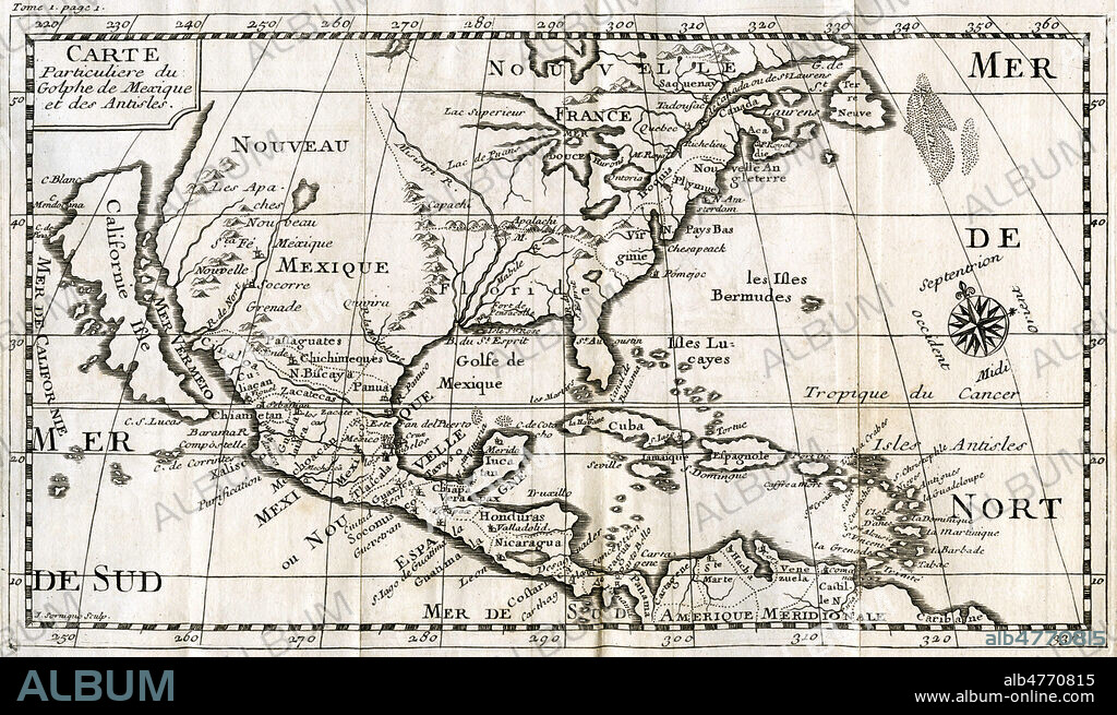 Carte particuliere du Golphe de Mexique et des Antisle (la Californie est representee separee du continent). Illustration anonyme pour Nouveau voyage aux Iles de l'Amerique par Jean Baptiste LABAT (1663-1738) missionnaire francais aux Antilles, 1742. Credit : Collection IM/KHARBINE-TAPABOR.