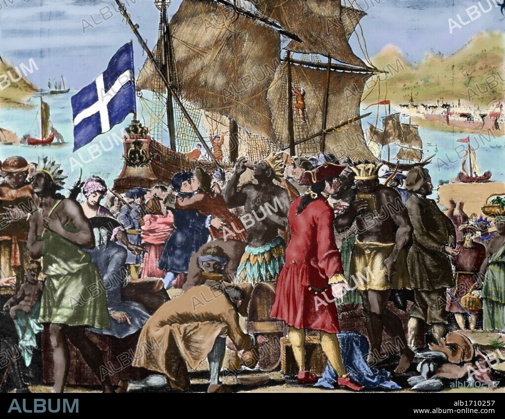 COMERCIO EUROPEO (S. XVIII). Estampa alegórica francesa de la FUNDACION DE LA COMPAÑIA DE LAS INDIAS (1717). "MERCADERES Y MISIONEROS ENCUENTRAN INDIOS EN LA DESEMBOCADURA DEL RIO MISSISSIPI" Grabado coloreado de la época.