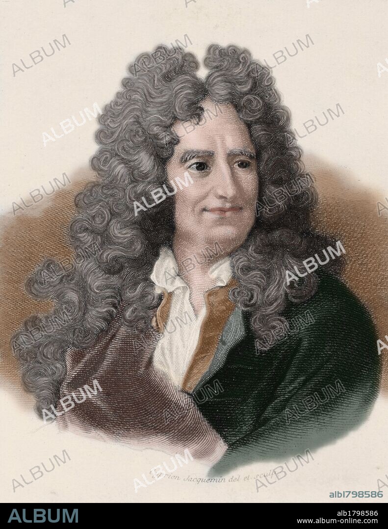 Nicolas Boileau-Despreaux (1636-1711). French poet. Engraving by Cyprien Jacquemin. Colored.