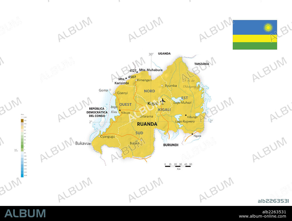 RUANDA. Mapa físico y político de Ruanda.