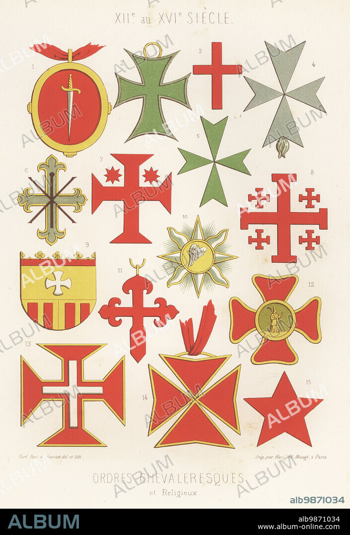 Crosses and badges of Orders of Chivalry. Order of the Holy Sepulchre 8, etc. Chivalry and Religious Orders, 12th to 16th century. Ordres chevaleresques et religieux. Chromolithograph by Ferdinand Sere and Auguste Racinet from Charles Louandres Les Arts Somptuaires, The Sumptuary Arts, Hangard-Mauge, Paris, 1858.