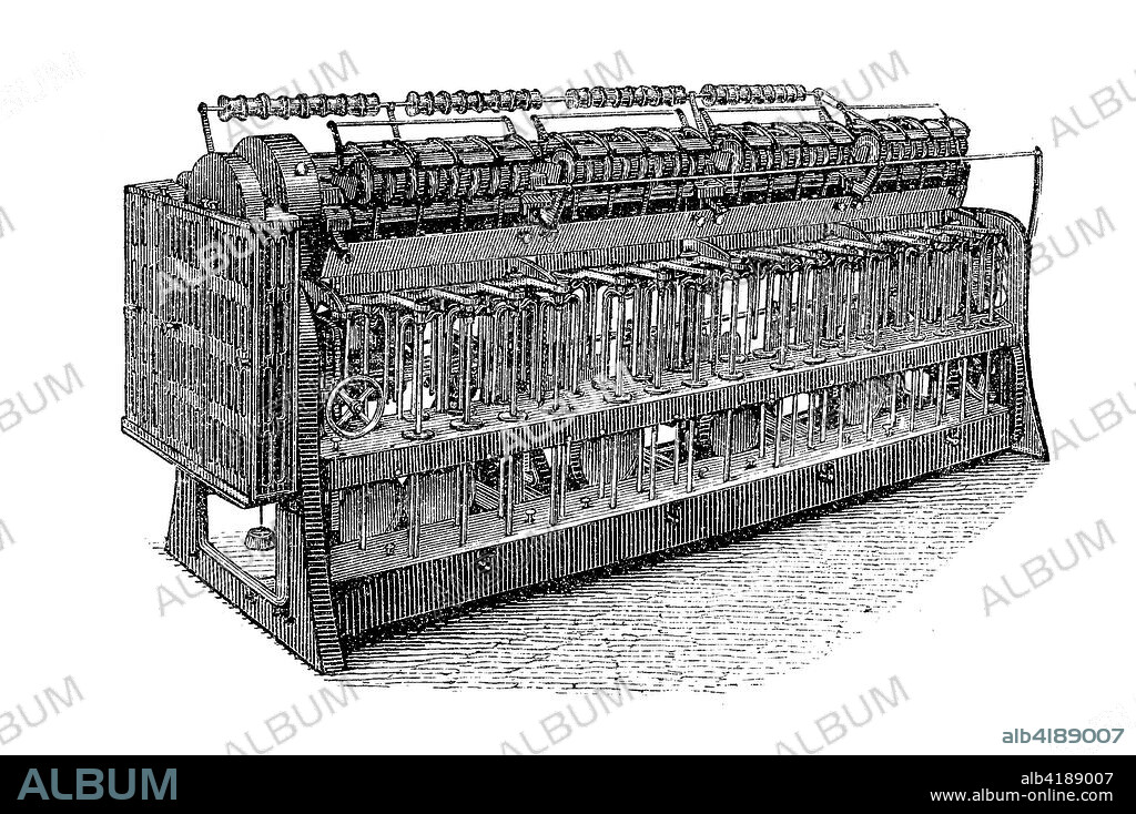 Machines for the production of Linen, textile industry 19th century: Spindelbank, bobbin and fly frame, spindle rail , digital improved reproduction of an original print from the 19th century.