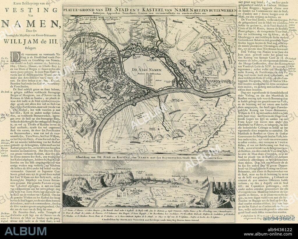 Siege of Namur by the allies under King William III, from 3 July 1695. Sheet from which the representation and title of three plates are printed. In the center, a plan of Namur and its immediate surroundings with the positions of the troops. Below a view of the town from the positions of the besiegers. New positions and lines have been added in the depiction of this print. On both sides of the print is a 'Korte Beschryvinge van de Vesting van Namen door syn Koninglyke Majesteyt van Great Britannien Willjam de III. Siege of Namur, 1695 Plan-ground of the city and castle of Namur with its fortifications, batteries, approaches, tranches, lines of circumvallation and contrevallation etc. , print maker: anonymous, publisher: Nicolaes Visscher (II), (mentioned on object), Staten-Generaal, (mentioned on object), print maker: Northern Netherlands, publisher: Amsterdam, 1695, paper, etching, letterpress printing, h 450 mm × w 583 mm.