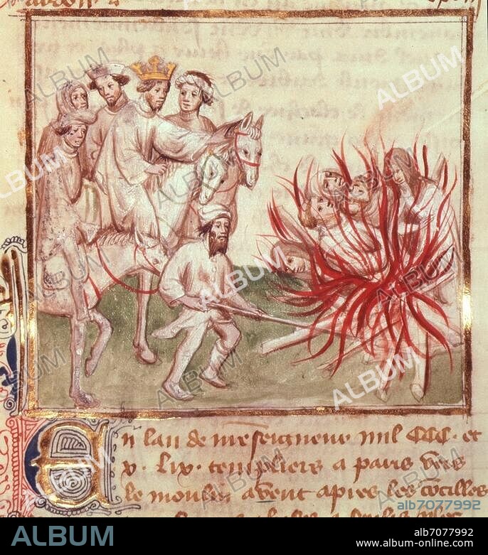 Philipp IV., der Schöne, König von Frankreich (1285-1314); 1268-1314. Verfolgung und Vernichtung der Templer 1307/14: Verbrennung von Templern wegen Sodomie u. Ketzerei in Anwesenheit Philipps IV. Franz. Buchmalerei (Paris?), um 1410/20. Aus: Grandes Chroniques de France. Ms. Sloane 2433 C, fol. 18 v, London, British Library.