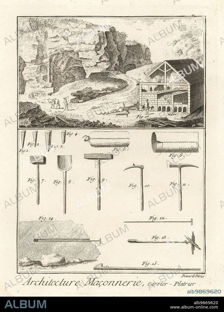 Quarrymen plasterers and their tools, 18th century. Workers at a plaster stone quarry, with axe, shovel, hammer, pick, etc. Architecture: Maconnerie, carrier-platrier. Copperplate engraving by Robert Benard from Denis Diderot and Jean le Rond dAlemberts Encyclopedie (Encyclopedia), Geneva, 1778.
