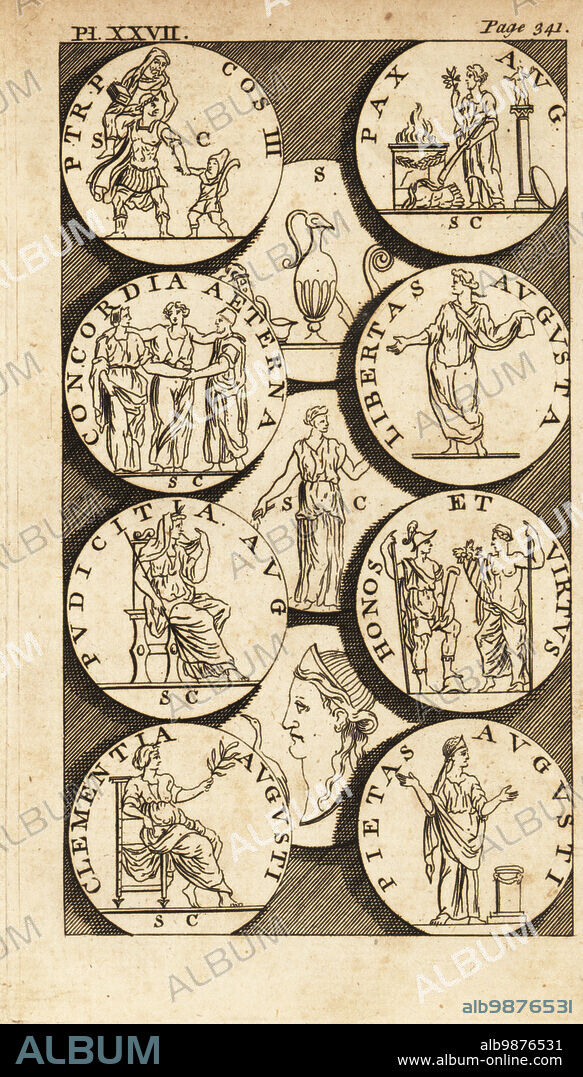 The Roman Virtues. Coins with figures of Concordia, Pudicitia, Clementia, Pietas, Libertas, Pax, Honos and Virtus. Copperplate engraving from Andrew Tookes The Pantheon, Representing the Fabulous Histories of the Heathen Gods, London, 1757.