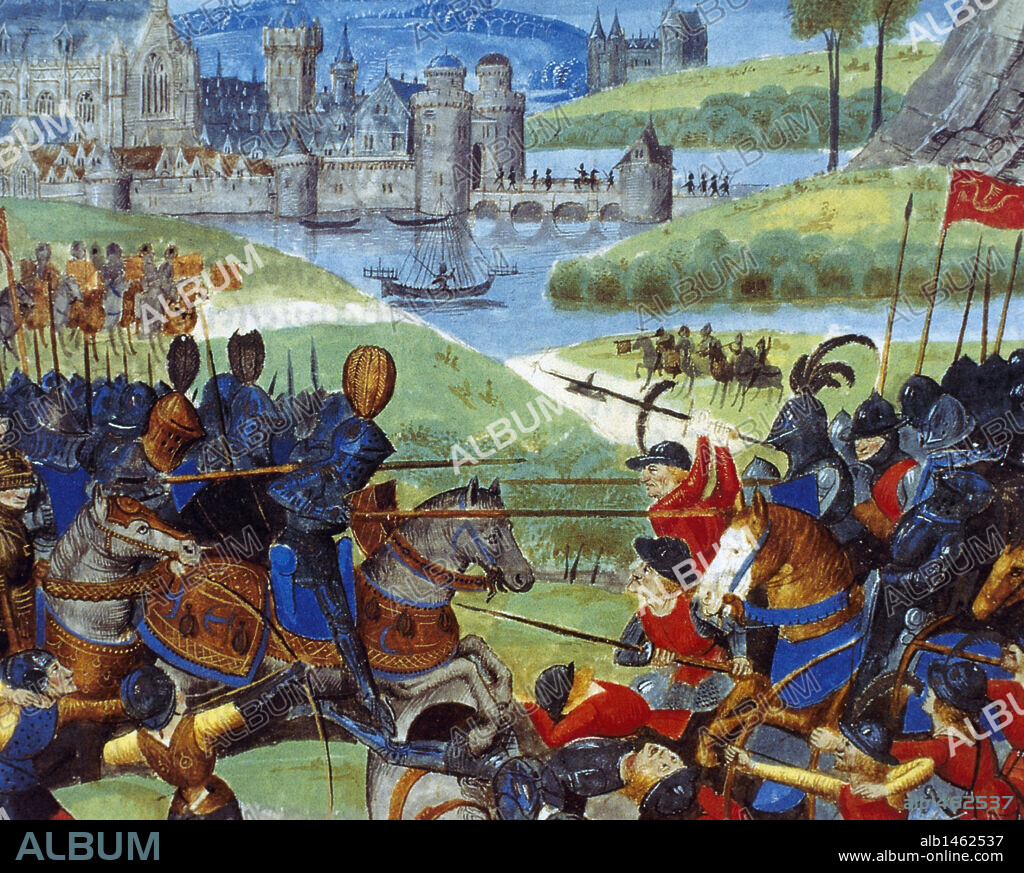 History of Gaul. The troops of Caesar and the Germanic hordes fighting over the Rhine. Medieval miniature. 15th century. Chateau de Chantilly. France.