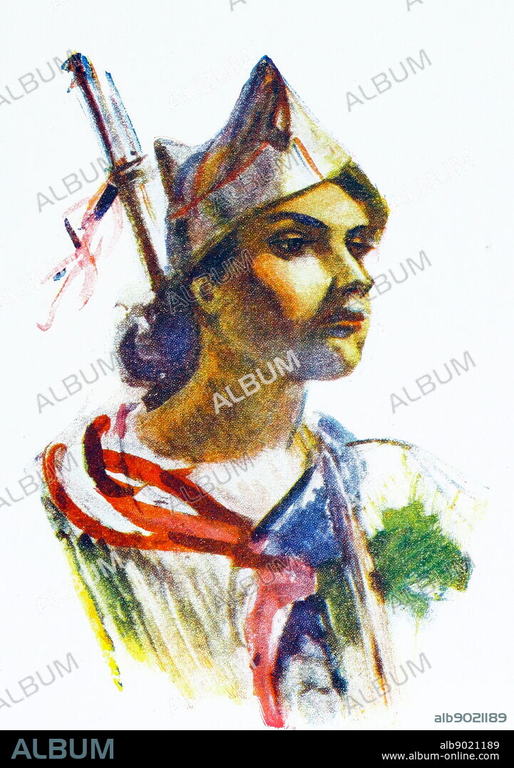 Illustration depicting Republican militia woman in Madrid 1937. By Carlos Saenz de Tejada (1897 - 1958 ) Spanish painter and illustrator;identified with the Nationalist (Fascist) side in the Spanish Civil War.