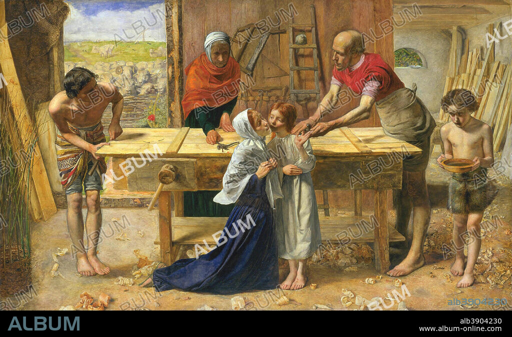 JOHN EVERETT MILLAIS. Christ in the House of His Parents or The Carpenter's Shop
 Christus im Hause seiner Eltern [1]
 El Cristo en casa de sus padres [2]
 Le Christ chez ses parents [3]
 Cristo nella casa dei genitori [4]. Date/Period: Between 1849 and 1850. Painting. Oil on canvas. Height: 86.4 cm (34 in); Width: 139.7 cm (55 in).