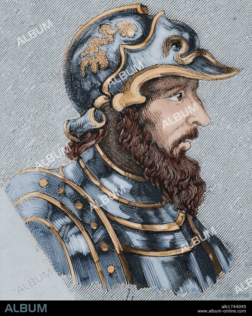 TEODOREDO. Rey visigodo (419 a 453). Sucesor de Walia. Se opuso a Atila cuando pretendía conquistar España. Grabado coloreado.