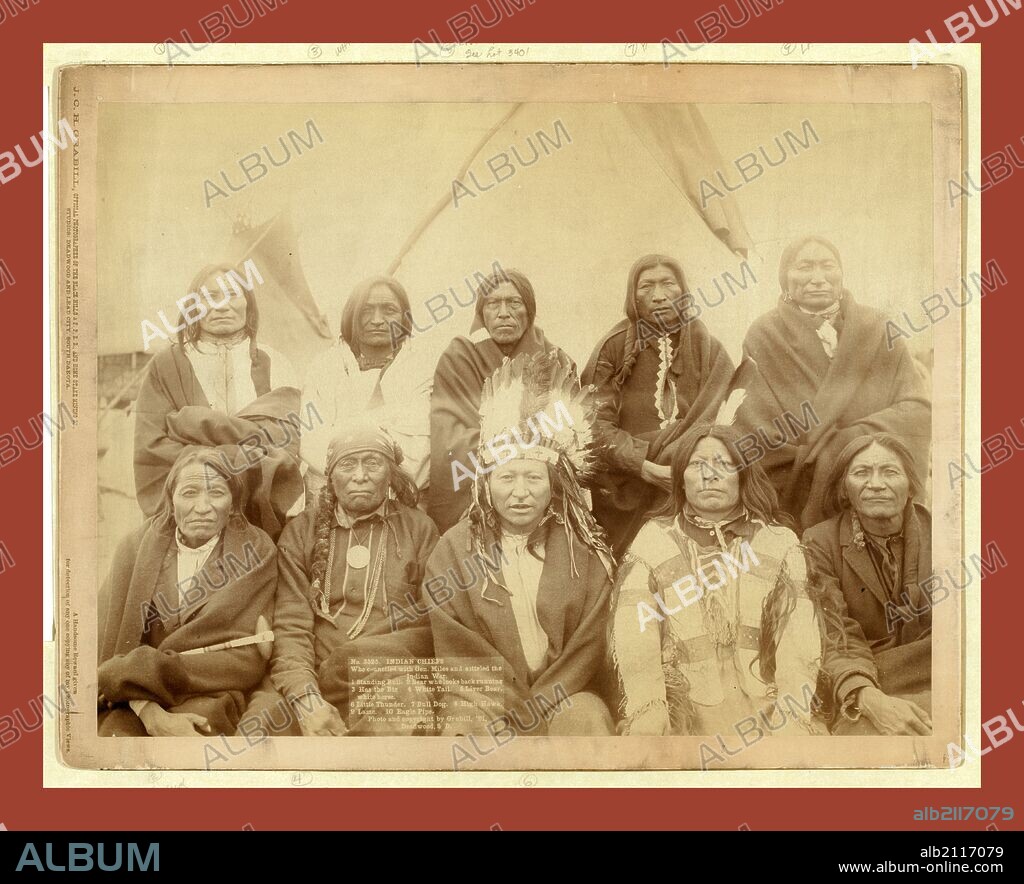 Indian chiefs who counciled with Gen. Miles and setteled [sic] the Indian War -- Standing Bull, Bear Who Looks Back Running [Stands and Looks Back], Has the Big White Horse, White Tail, Liver [Living] Bear, Little Thunder, Bull Dog, High Hawk, Lame, Eagle Pipe, John C. H. Grabill was an american photographer. In 1886 he opened his first photographic studio.