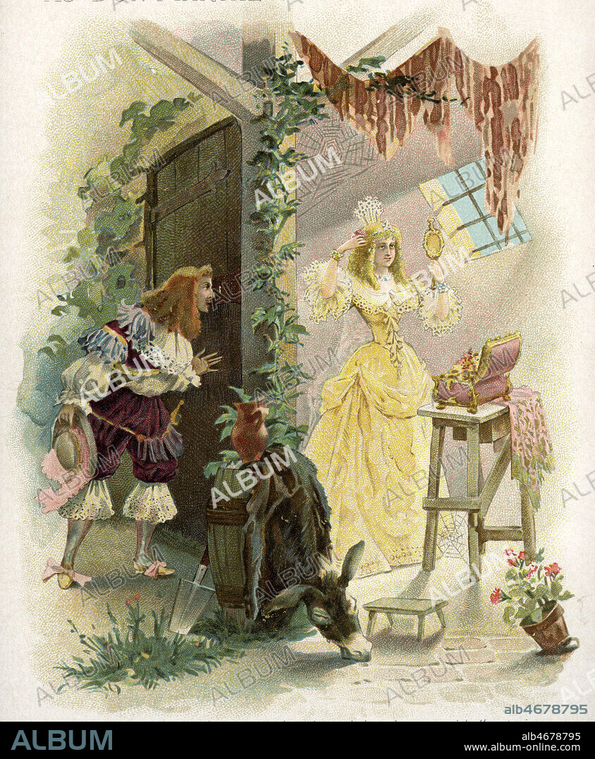 PEAU d'ANE, conte de PERRAULT: le prince surprend Peau d'Ane dans sa masure avec sa robe couleur de soleil. Chromo publicitaire pour le Bon Marche, vers 1900. Credit Collection Kharbine Tapabor.