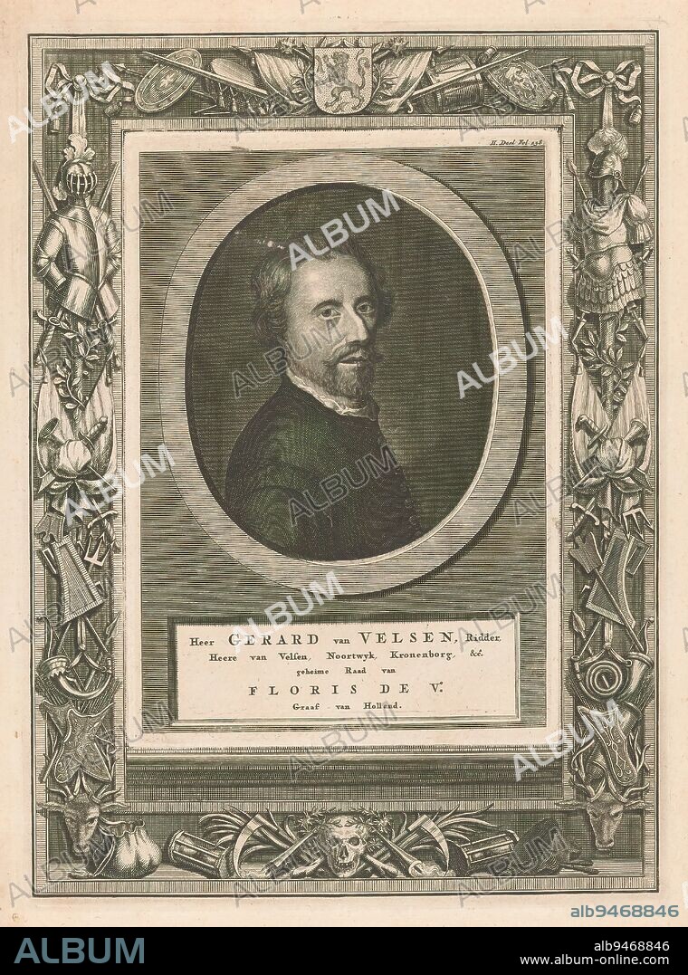 Portrait of Gerard van Velzen, Portrait of Gerard van Velzen, lord of Beverwijk and assassin of Floris V, count of Holland. In oval medallion. Surrounding ornamental frame with armorial trophies., print maker: Pieter van Gunst, Amsterdam, 1659 - 1731, paper, engraving, etching, height 229 mm × width 160 mm, height 335 mm × width 245 mm.