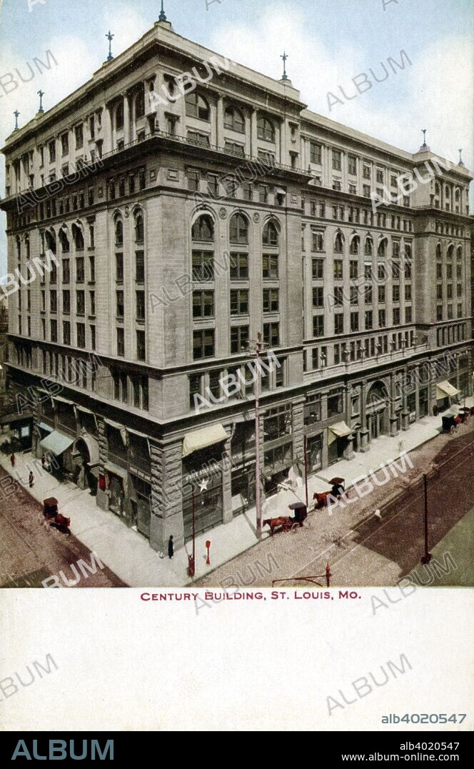 Century Building, St Louis, Missouri, USA, 1910. Vintage postcard showing the exterior of the Classical Revival style Century Building and surrounding streets. Designed by Raeder, Coffin and Crocker and completed in 1896, it housed offices, retail space and a 1600 seat theatre. The building was demolished in 2004.