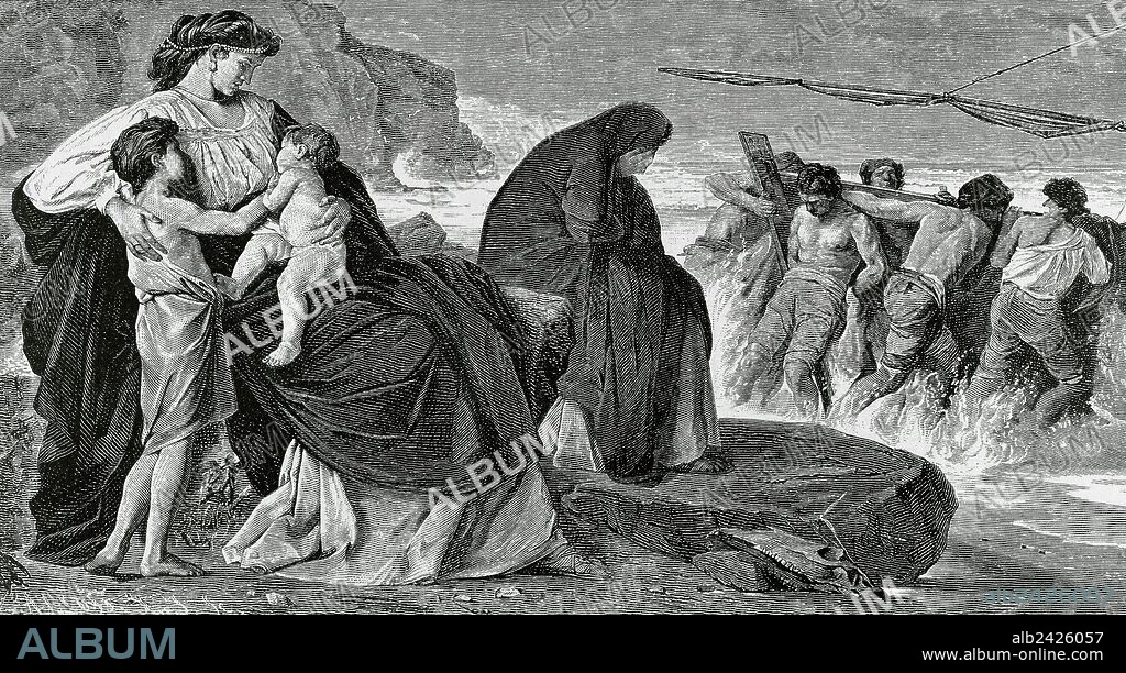 MEDEA. Personaje mitológico de la antigua Grecia, heroína en la Tragedia de Eurípides. Mujer de Jasón el Argonauta, le ayudó a apoderarse del vellocino de oro. "MEDEA PREPARANDO LA HUIDA". Grabado de "El Universo Ilustrado" (año 1882) .
