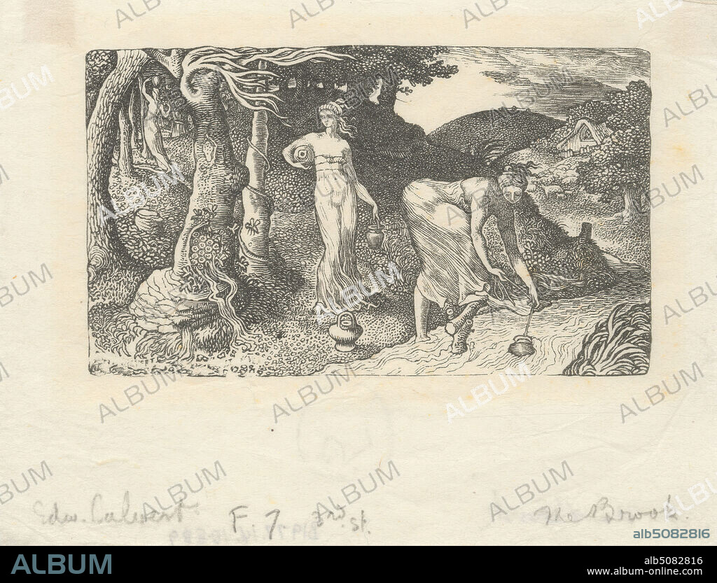 The Brook, Print made by Edward Calvert, 17991883, British, 1829, Wood-engraving on thin, slightly textured, cream Asian paper, Sheet: 3 7/16 x 4 7/16 inches (8.7 x 11.3 cm) and Image: 2 x 3 7/16 inches (5.1 x 8.8 cm), bees, brook, buckets (vessels), carrying, cottage, dresses, flowers (plants), forest, genre subject, gowns, hair, hill, house, insects, jars, labor, landscape, path, pitchers, pose, river, sheep, stream, thatched roof, thatching, trees, urns, water, wind, women.