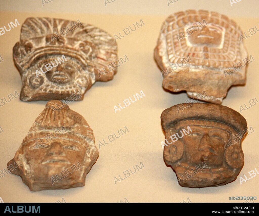 Pottery heads. Teotihuacan, 150 BC-AD 750 The great variety of headdress and facial ornament on small figurines reflects the different roles and offices represented in the social hierarchy at this great metropolis. (Photo by: Universal History Archive/UIG via Getty Images).