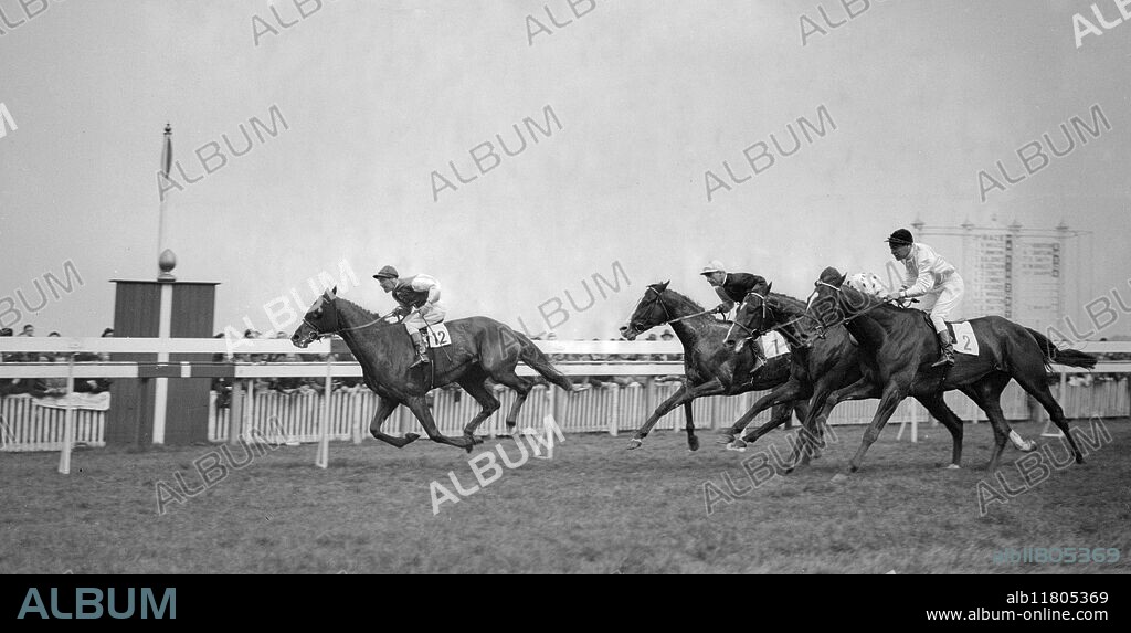 Racing at Kempton Park Racecourse , Middlesex. " Nosegay " winning the " Rosebery Stakes " . 16 April 1938.