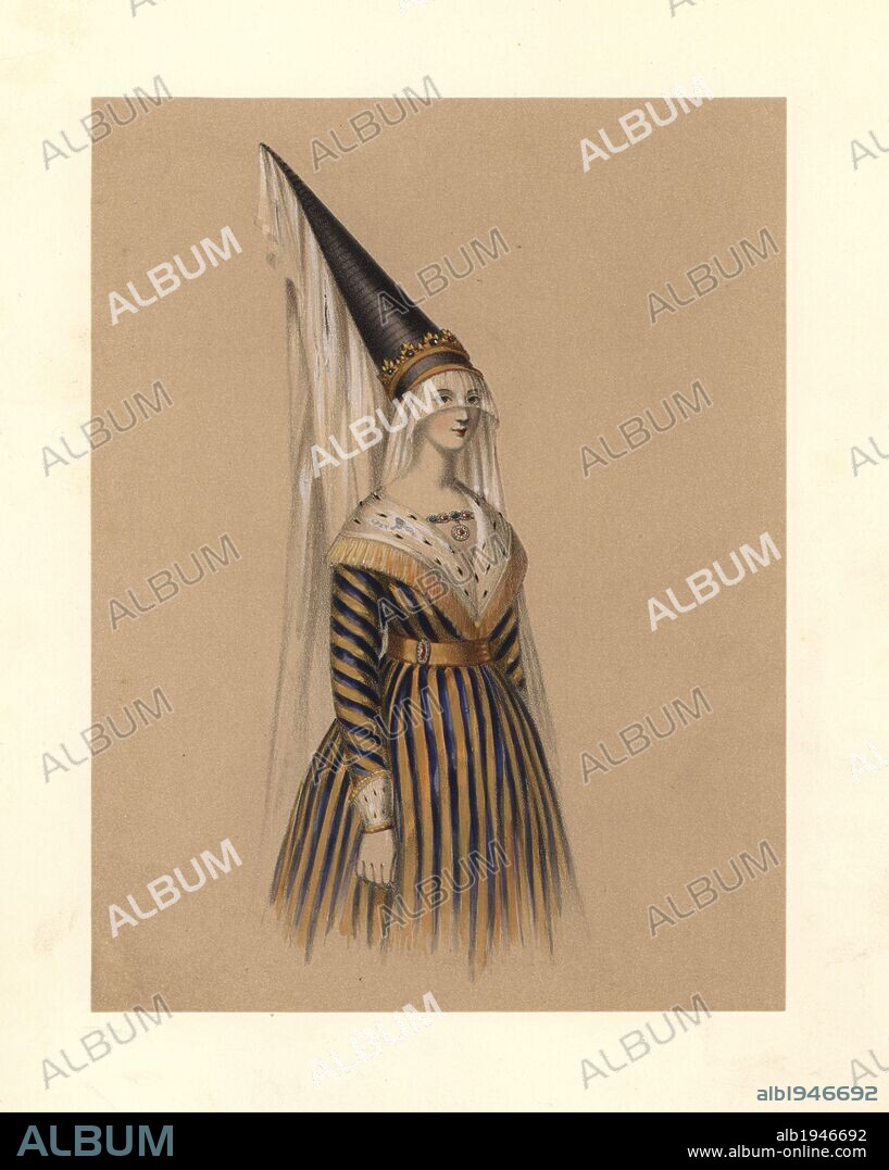 Dress of the reign of King Edward IV, 1461~1470. She wears a tall conical headdress with long falling veil, and a fur-trimmed striped dress with open collar. Based on a Royal manuscript, Cotton Collection, Paradin, Froissart, Monstrelet. Handcoloured lithograph from "Costumes of British Ladies from the Time of William the First to the Reign of Queen Victoria,” London, Dickinson & Son, 1840. 48 mounted plates of women's fashion from 1066 to 1840 based on effigies, manuscripts, portraits, prints and literary descriptions.