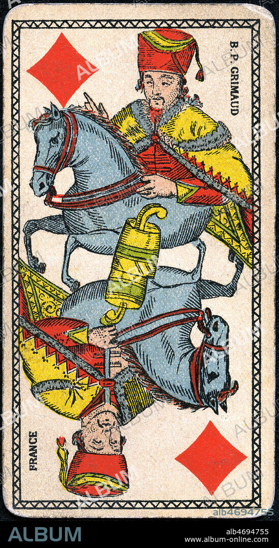 Cavalier de CARREAU - Carte de TAROT, Edite par les Ed Grimaud vers 1900, 19eme siecle. Credit Collection IM/KHARBINE TAPABOR.