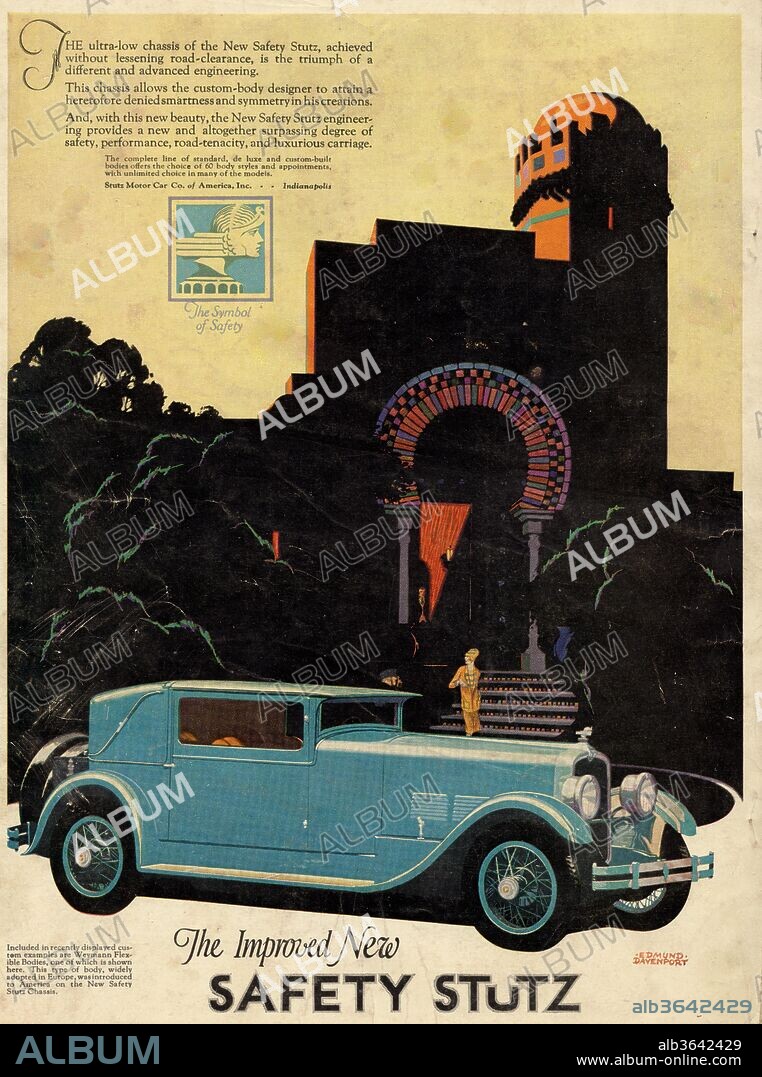 The Improved New Safety Stutz Ad (1927): Vertical Eight Coupe with Weymann Flexible Body - Illustrated by Edmund Davenport. The Stutz Motor Company was an American producer of luxury cars based in Indianapolis, Indiana, USA. Production began in 1911 and continued until 1935., Edmund Davenport, 1927.