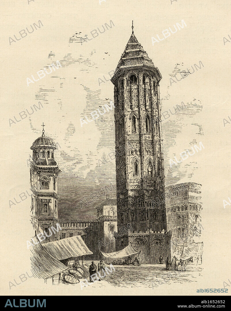 Leaning Tower Saragossa, Spain.From the book "Spanish Pictures" by the Rev Samuel Manning, published 1870.