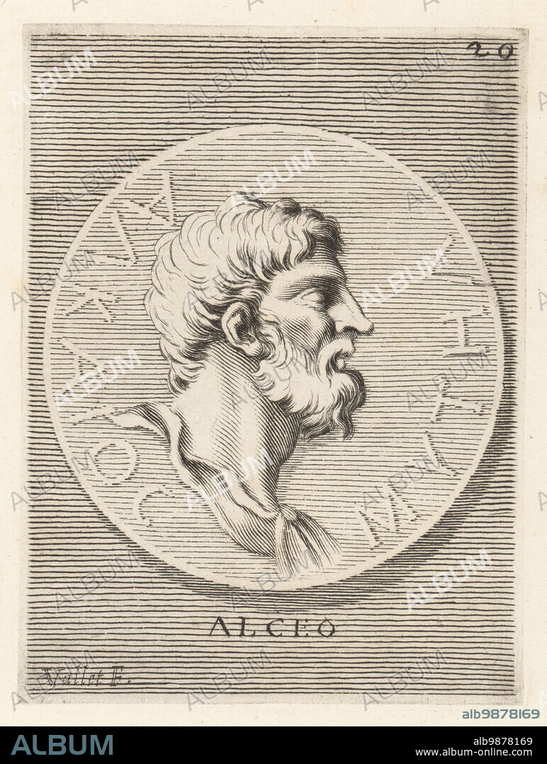 Alcaeus of Mytilene, lyric poet from the Greek island of Lesbos, c.625 - c.580 BC. Gained fame with Sappho at the 45th Olympiad during the reign of Lucius Tarquinius Priscus. From a Lesbian bronze coin. Alceo. Copperplate engraving by Guillaume Vallet after Giovanni Angelo Canini from Iconografia, cioe disegni d'imagini de famosissimi monarchi, regi, filososi, poeti ed oratori dell' Antichita, Drawings of images of famous monarchs, kings, philosophers, poets and orators of Antiquity, Ignatio deLazari, Rome, 1699.