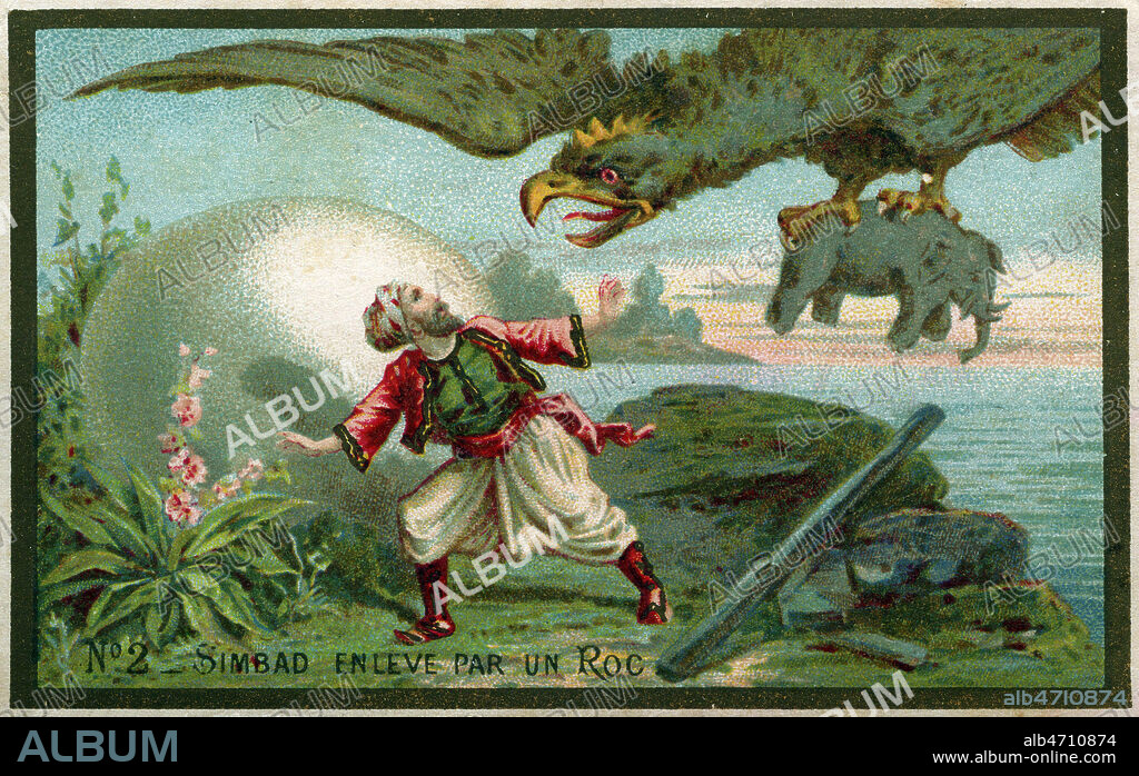 Sinbad enleve par l'Oiseau Roc. Illustration anonyme pour un chromo publicitaire vers 1890. Credit : Collection KHARBINE-TAPABOR.
