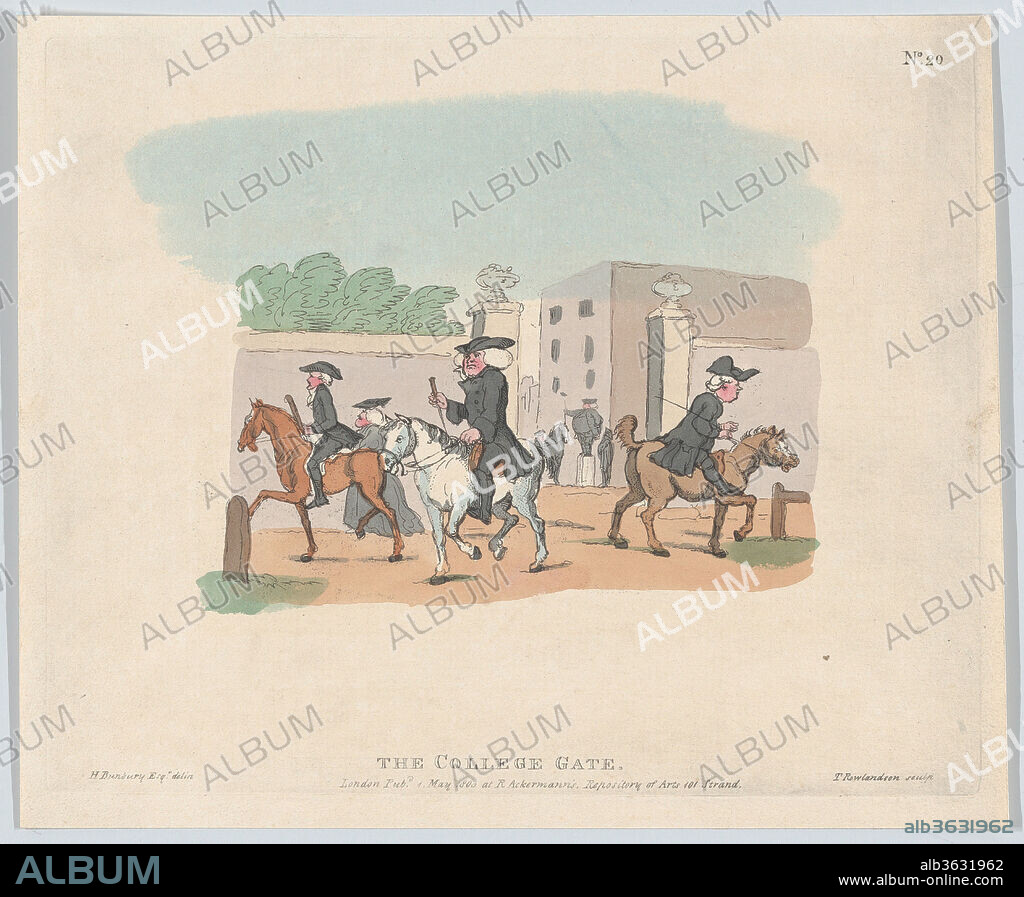 The College Gate. Artist: Henry William Bunbury (British, Mildenhall, Suffolk 1750-1811 Keswick, Cumberland). Dimensions: Plate: 7 13/16 × 9 7/16 in. (19.8 × 24 cm)
Sheet: 8 3/8 × 10 1/8 in. (21.2 × 25.7 cm). Etcher: Thomas Rowlandson (British, London 1757-1827 London). Publisher: Rudolph Ackermann, London (active 1794-1829). Date: May 1, 1803.