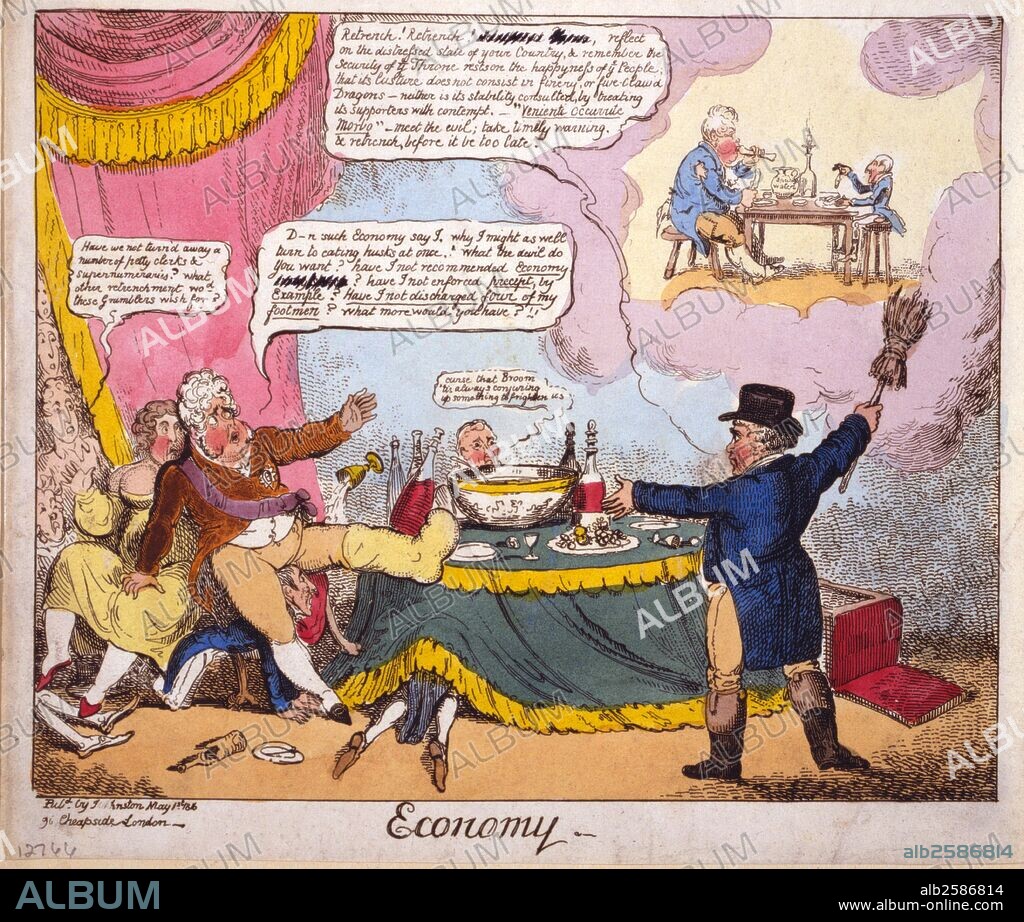 Economy  by George Cruikshank, 1792-1878, artist. Published: London 1816. print : etching, hand-coloured. Brougham, in the guise of John Bull, appears to the Regent, holding up a broom which points towards a small scene surrounded by clouds. The Regent, who has been revelling over a large bowl of punch, falls back terrified, overturning his chair. Brougham, arm extended towards the Regent, declaims: "Retrench! Retrench, reflect on the distressed state of your country." The Regent falls on to McMahon, a tiny figure on hands and knees, gazing up at Brougham; he supports himself with his right hand on the knee of Lady Hertford. The vision above Brougham's head is of the Regent and McMahon, both ragged, seated facing each other at a plain wooden table on which are a jar of spring water and a lighted candle-end stuck in a bottle. The Regent gnaws a bare bone; McMahon (in miniature) takes up a small fish by the tail.