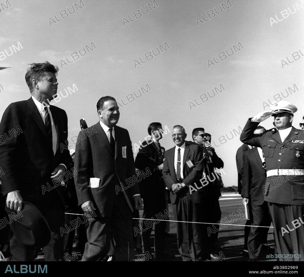 President J. F. Kennedy and NASA Administrator, James T. Webb at CCMTA skid strip during their tour of NASA facilities. 11.16.1963.