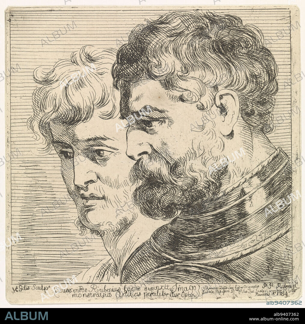A study of the heads of two men, turned to the left. The depiction is after a painting by Pieter Paul Rubens. The print has a Latin caption., Study of Two Heads, print maker: Herman Gillis, (mentioned on object), after: Peter Paul Rubens, (mentioned on object), Brussels, 1764, paper, etching, h 186 mm × w 186 mm.